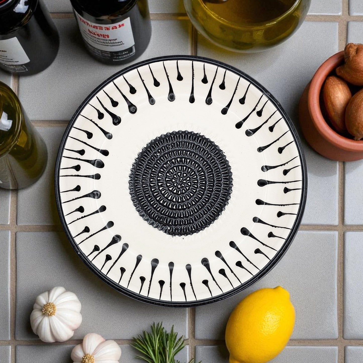 Garlic Grater Bowl, Black Drops Grater Plate, 7" Ceramic Garlic Grinder, Decorative Grater Bowl