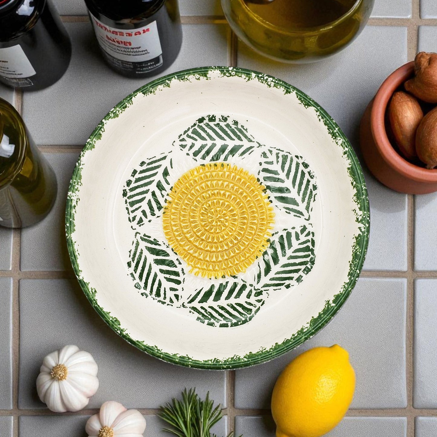 Garlic Grater Bowl, Tropical Green Plate, 7" Ceramic Garlic Grinder, Decorative Grater Bowl