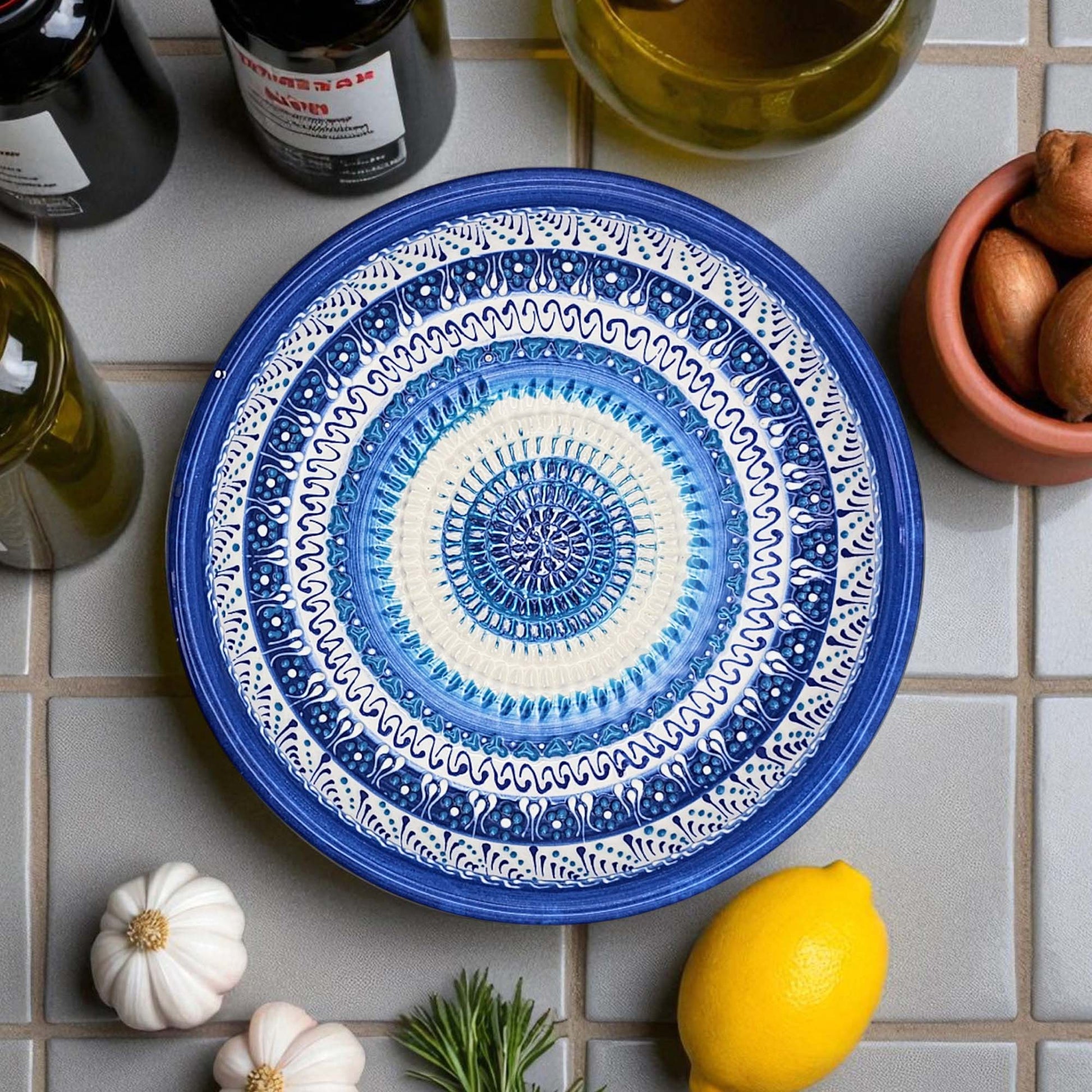 Handmade ceramic garlic grater bowl in Sapphire Dream design. Large 7” size, perfect for garlic, ginger & spices. Mediterranean blue artistry, dishwasher safe.