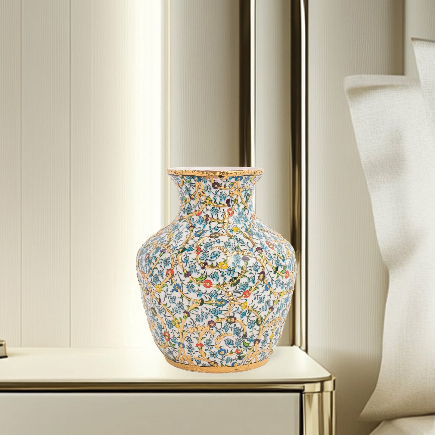 Handmade Ceramic Decorative Vase, Gold Floral Ceramic Vase, Golden Vase