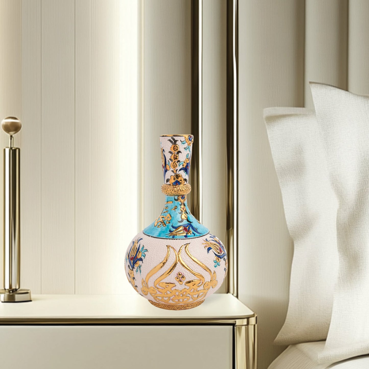 Handmade Ceramic Decorative Vase, Turquoise Calligraphy Ceramic Vase, Golden Vase