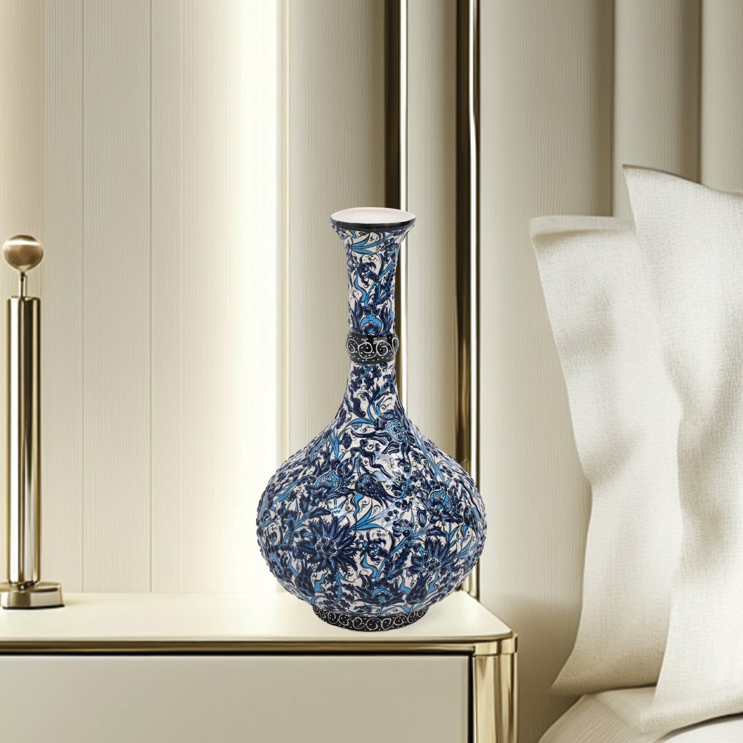 Handmade Ceramic Decorative Vase, Blue Floral Ceramic Vase