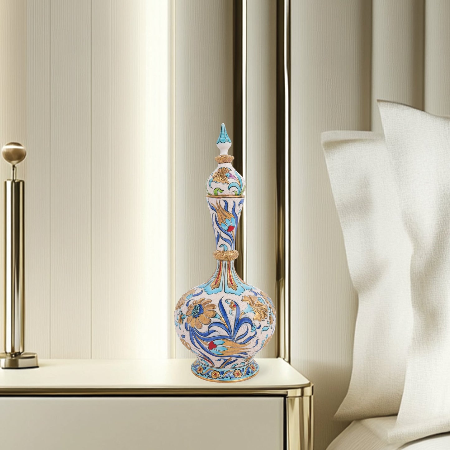 Handmade Ceramic Decorative Vase, Turquoise Floral Ceramic Vase, Golden Vase