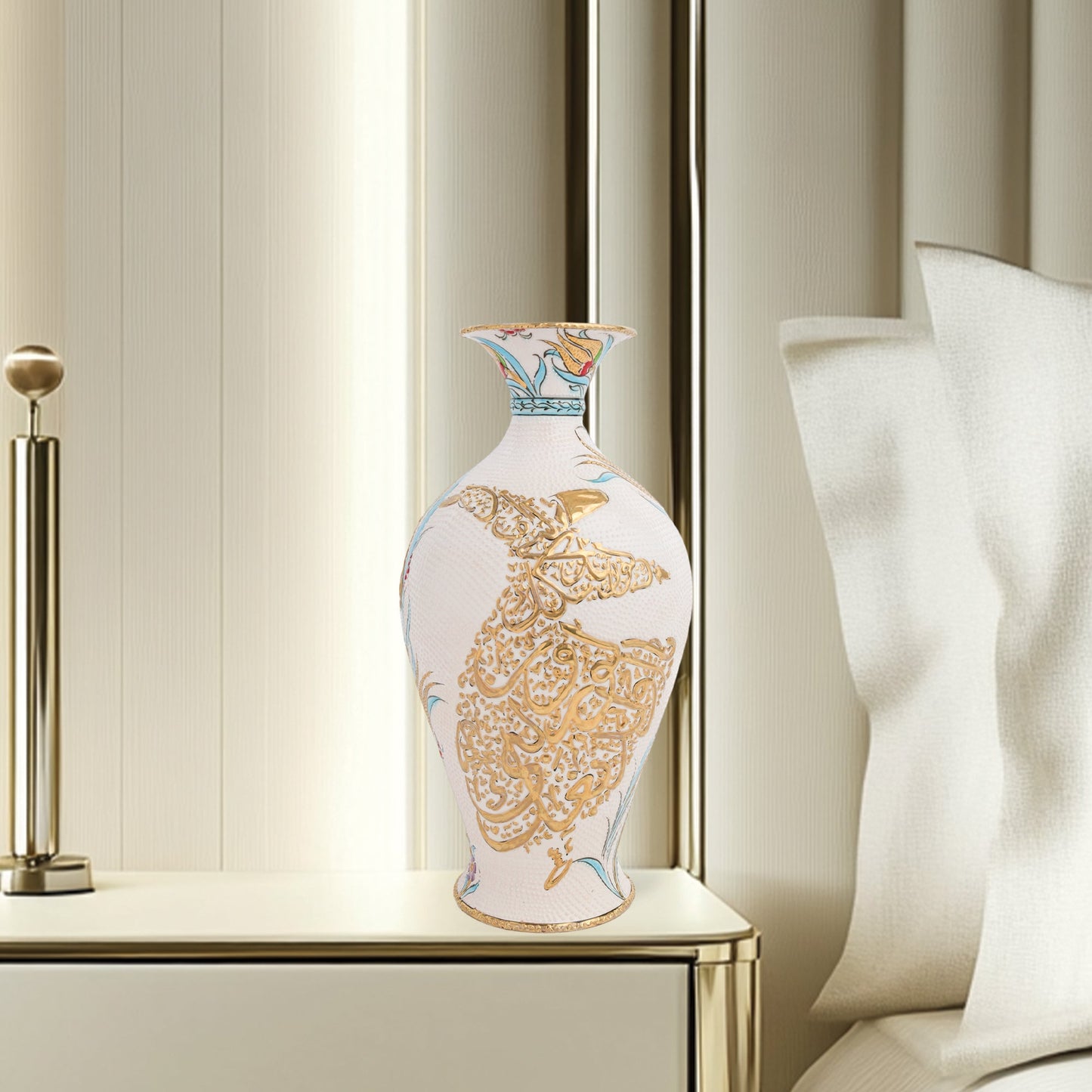 Handmade Ceramic Decorative Vase, Dervish Calligraphy Ceramic Vase, Golden Vase
