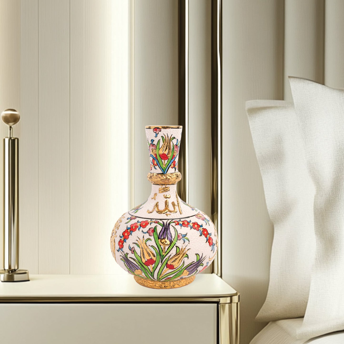Handmade Ceramic Decorative Vase, Islamic Floral Ceramic Vase, Golden Vase