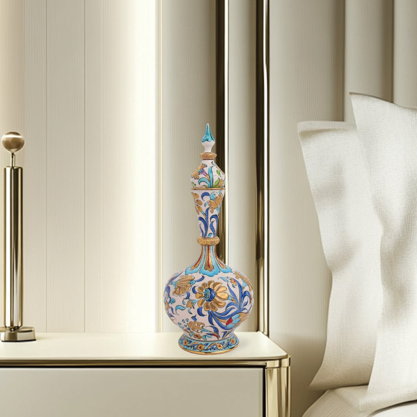 Handmade Ceramic Decorative Vase, Turquoise Blossom Ceramic Vase, Golden Vase