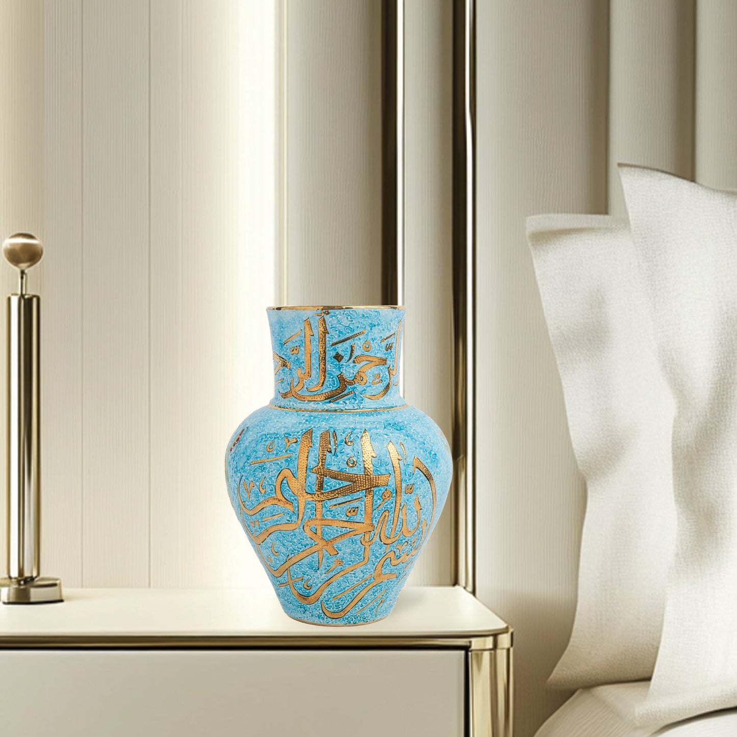 Handmade Ceramic Decorative Vase, Turquoise Calligraphy Ceramic Vase, Golden Vase