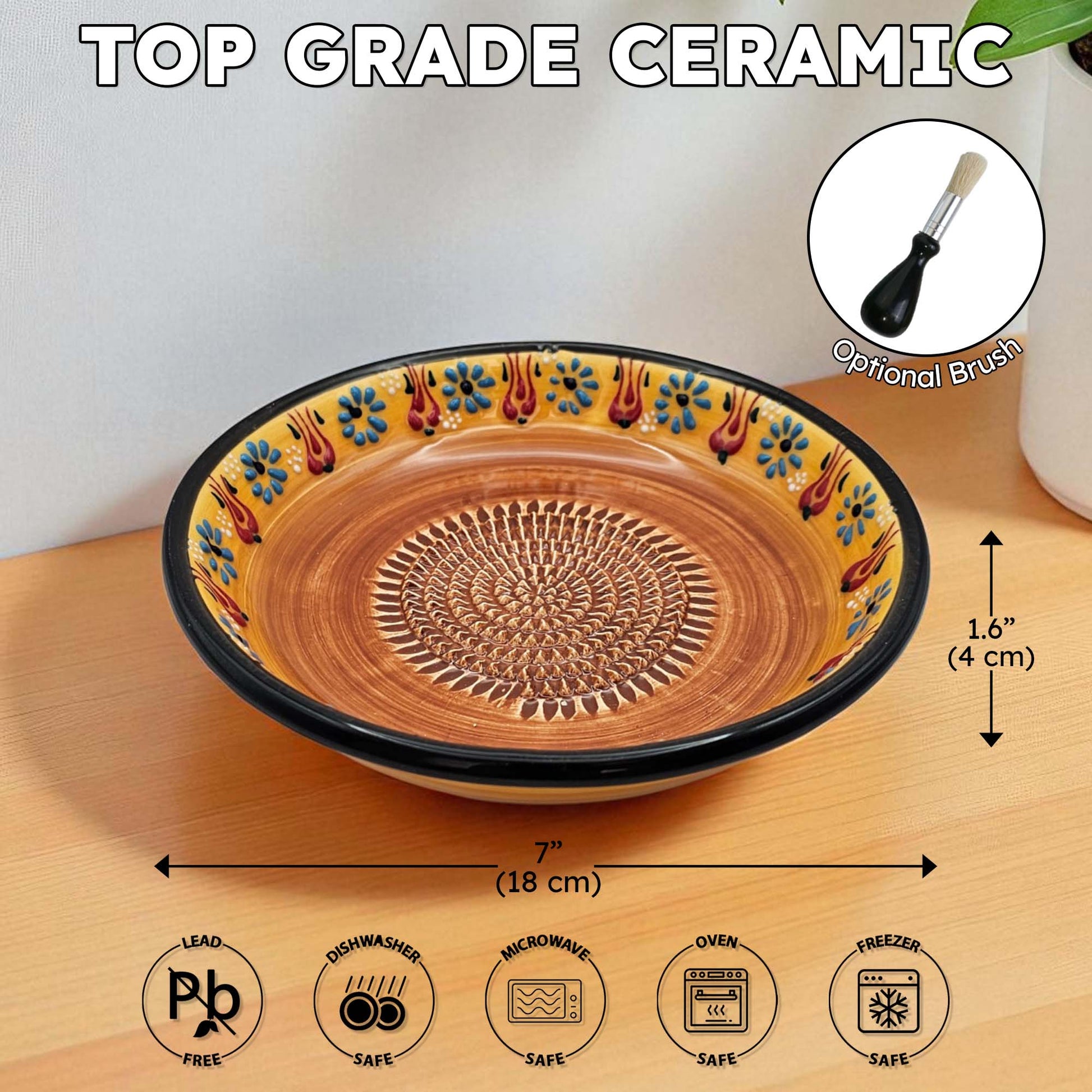 Handmade ceramic garlic grater bowl in Saffron Petals design. Large 7” size, perfect for garlic, ginger & spices. Bright artisan style, dishwasher safe.