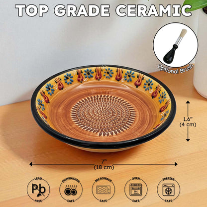 Handmade ceramic garlic grater bowl in Saffron Petals design. Large 7” size, perfect for garlic, ginger & spices. Bright artisan style, dishwasher safe.