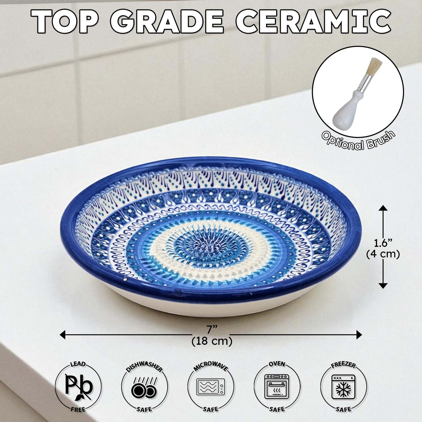 Handmade ceramic garlic grater bowl in Sapphire Dream design. Large 7” size, perfect for garlic, ginger & spices. Mediterranean blue artistry, dishwasher safe.