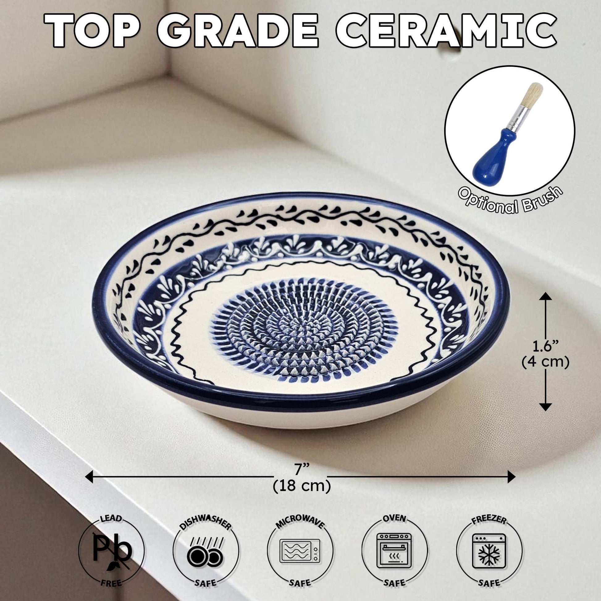 Handmade ceramic garlic grater bowl in Marine Vines design. Large 7” size, perfect for garlic, ginger & spices. Elegant artisan style, dishwasher safe.