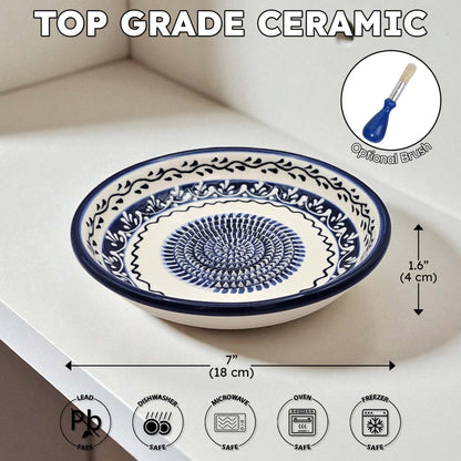 Handmade ceramic garlic grater bowl in Marine Vines design. Large 7” size, perfect for garlic, ginger & spices. Elegant artisan style, dishwasher safe.