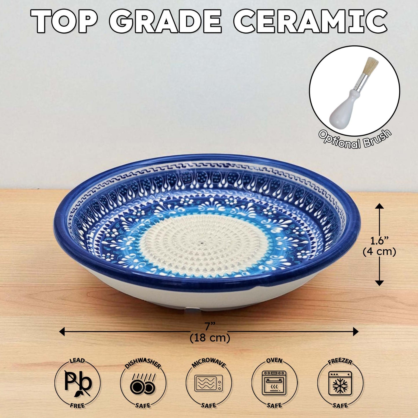Top grade ceramic garlic grater bowl with blue and white design on a wooden surface, featuring dimensions and safety icons.