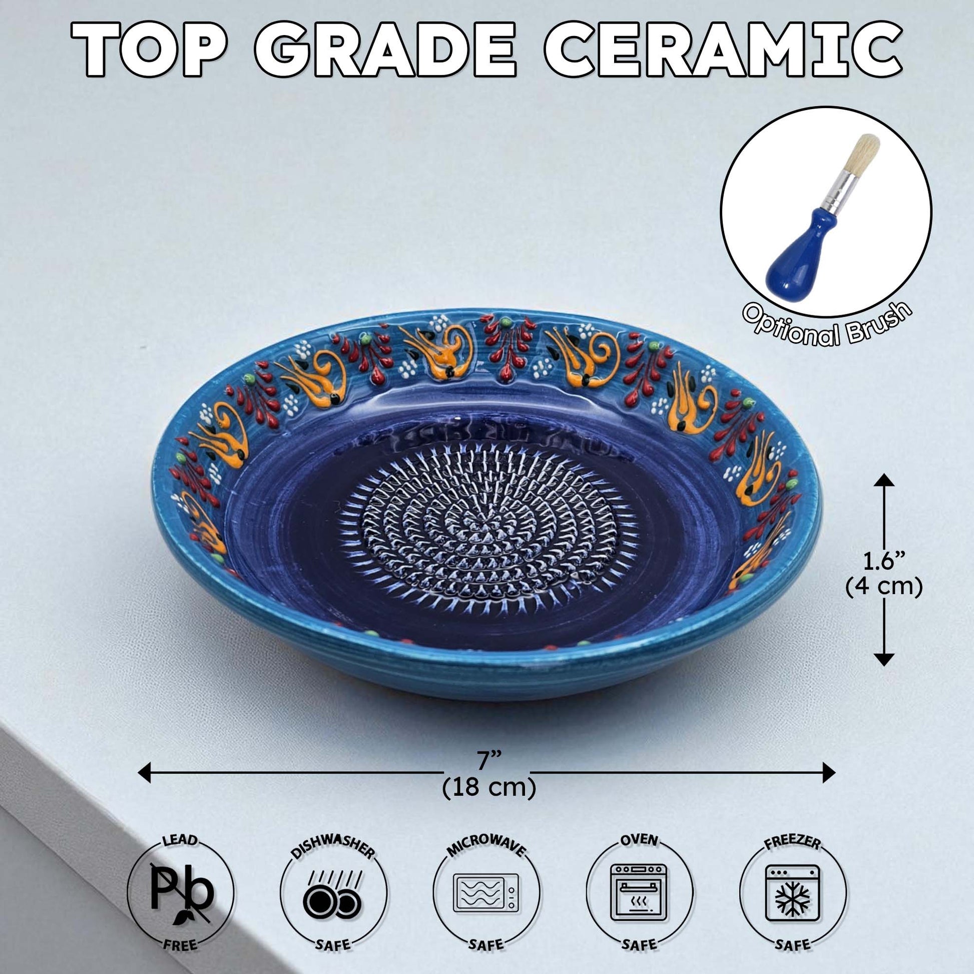Blue ceramic garlic grater bowl with decorative patterns on a white background, featuring dimensions and safety icons.