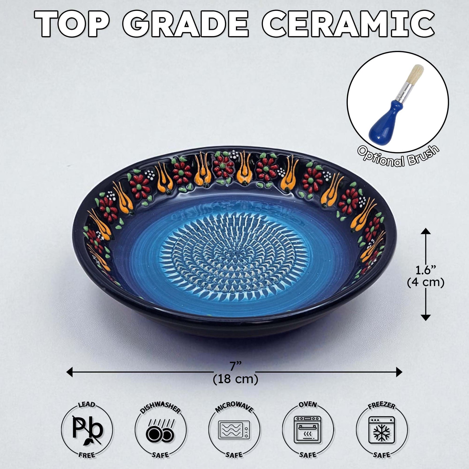 Blue ceramic garlic grater bowl with decorative edge on a white background, featuring dimensions and safety icons.