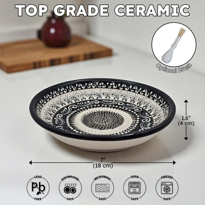 Handmade ceramic garlic grater bowl in Moonlight Maze design. Large 7” size, perfect for garlic, ginger & spices. Elegant monochrome style, dishwasher safe.