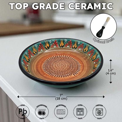Garlic Grater Bowl, Green Petals Design Grater Plate, 7" Ceramic Garlic Grinder Bowl