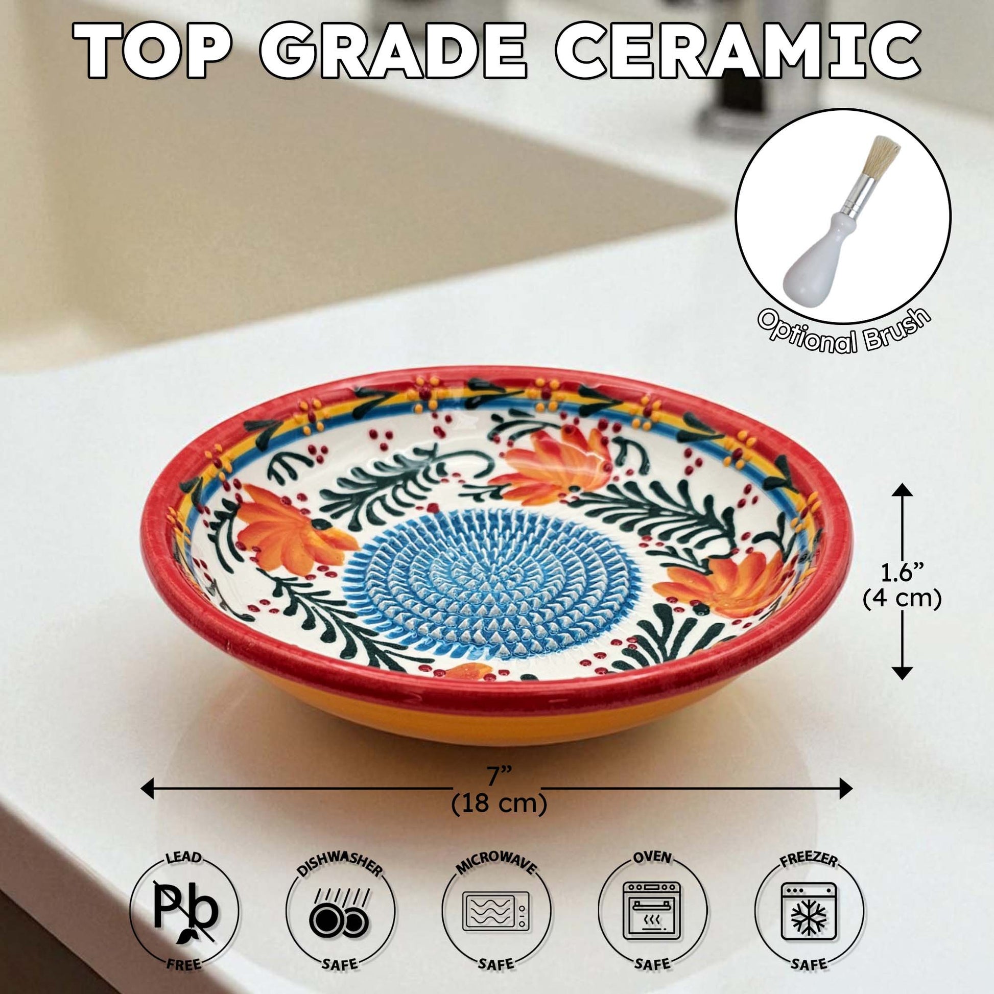Handmade ceramic garlic grater bowl in Coral Garden design. Large 7” size, perfect for garlic, ginger & spices. Vibrant floral style, dishwasher safe.
