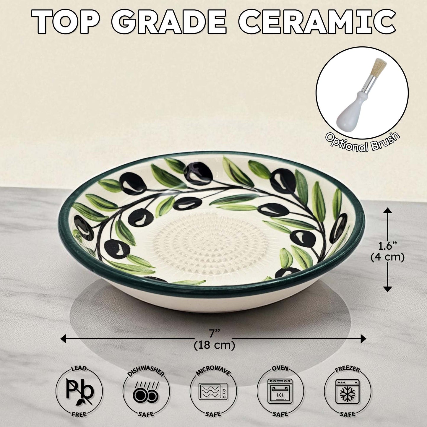 Ceramic garlic grater bowl with olive design and measurements on a neutral background