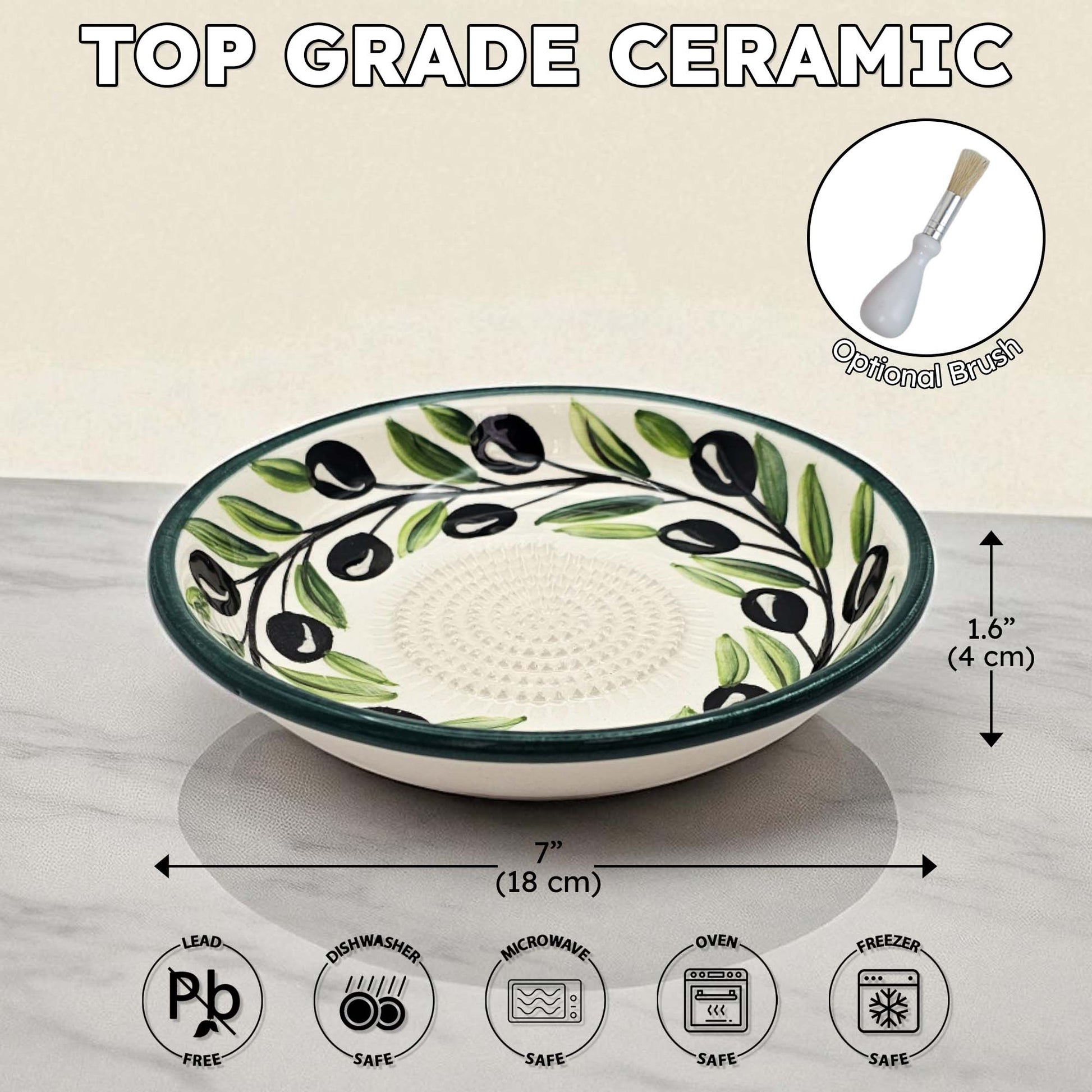 Ceramic garlic grater bowl with olive design and measurements on a neutral background