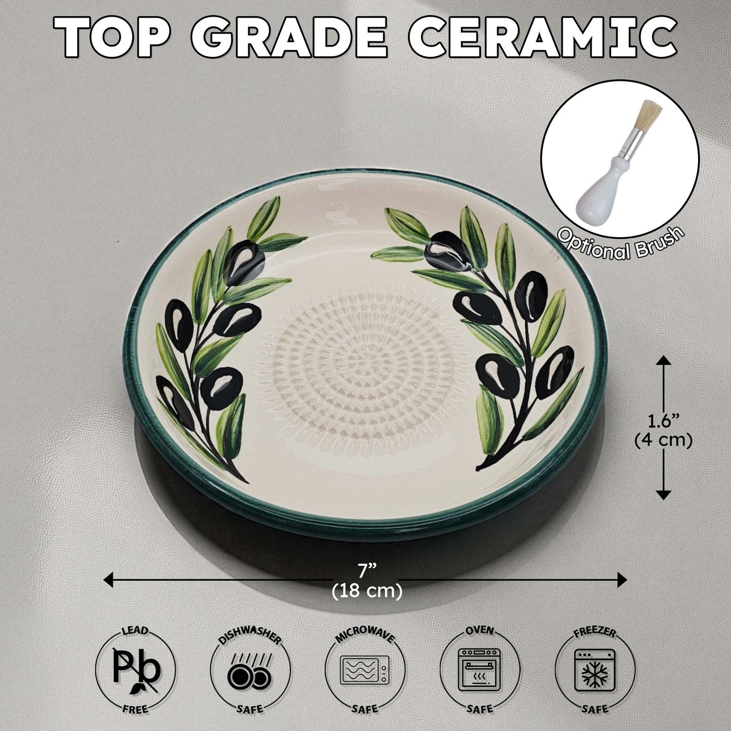 Ceramic garlic grater bowl with olive design on a gray background, featuring dimensions and safety icons.