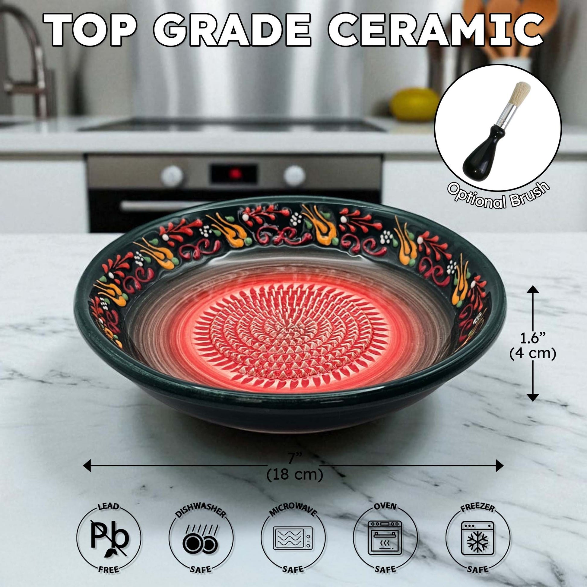 Decorative ceramic garlic grater bowl with floral patterns on a marble surface, showing dimensions and safety icons.