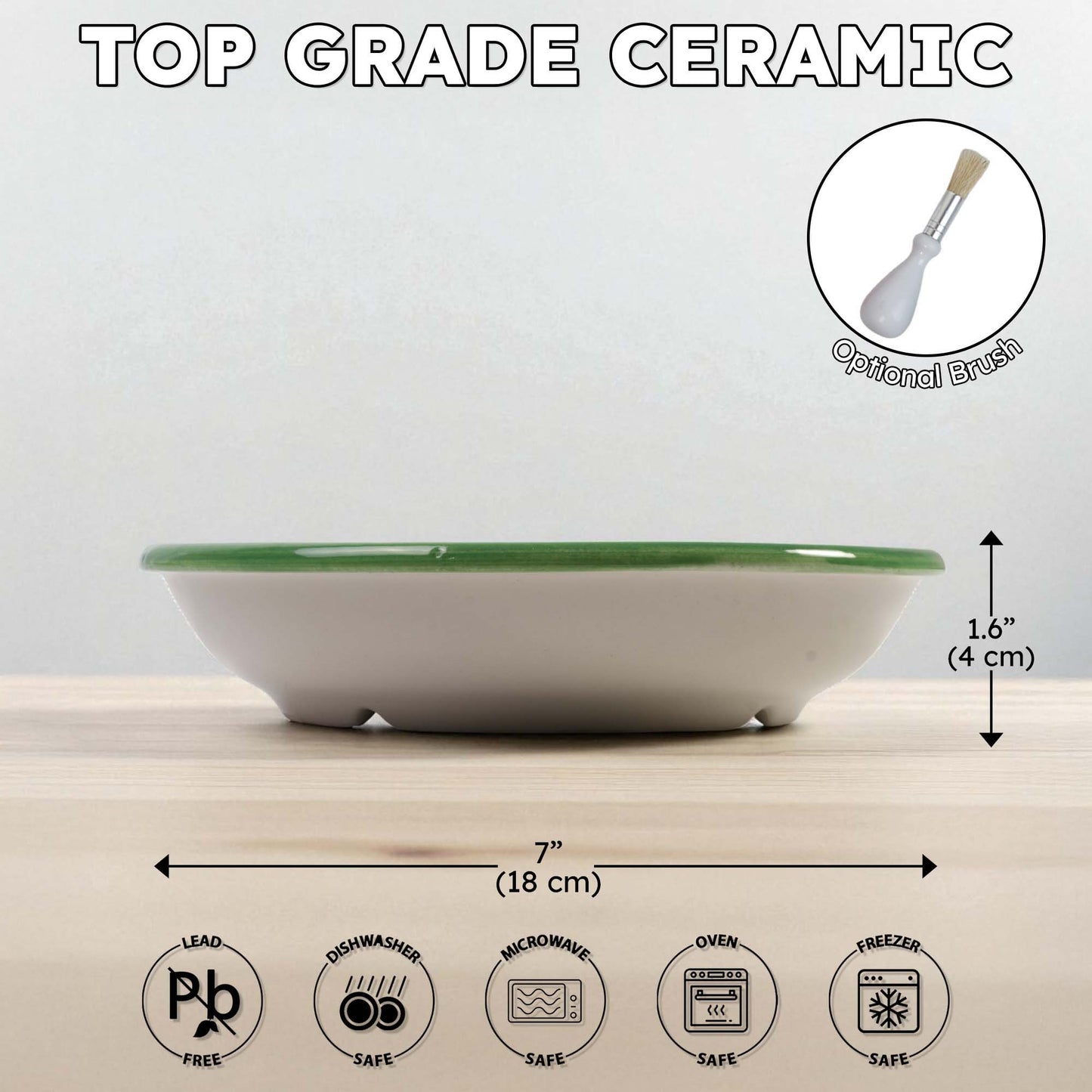 White ceramic garlic grater bowl with green rim on a wooden surface, labeled as 'Top Grade Ceramic'.