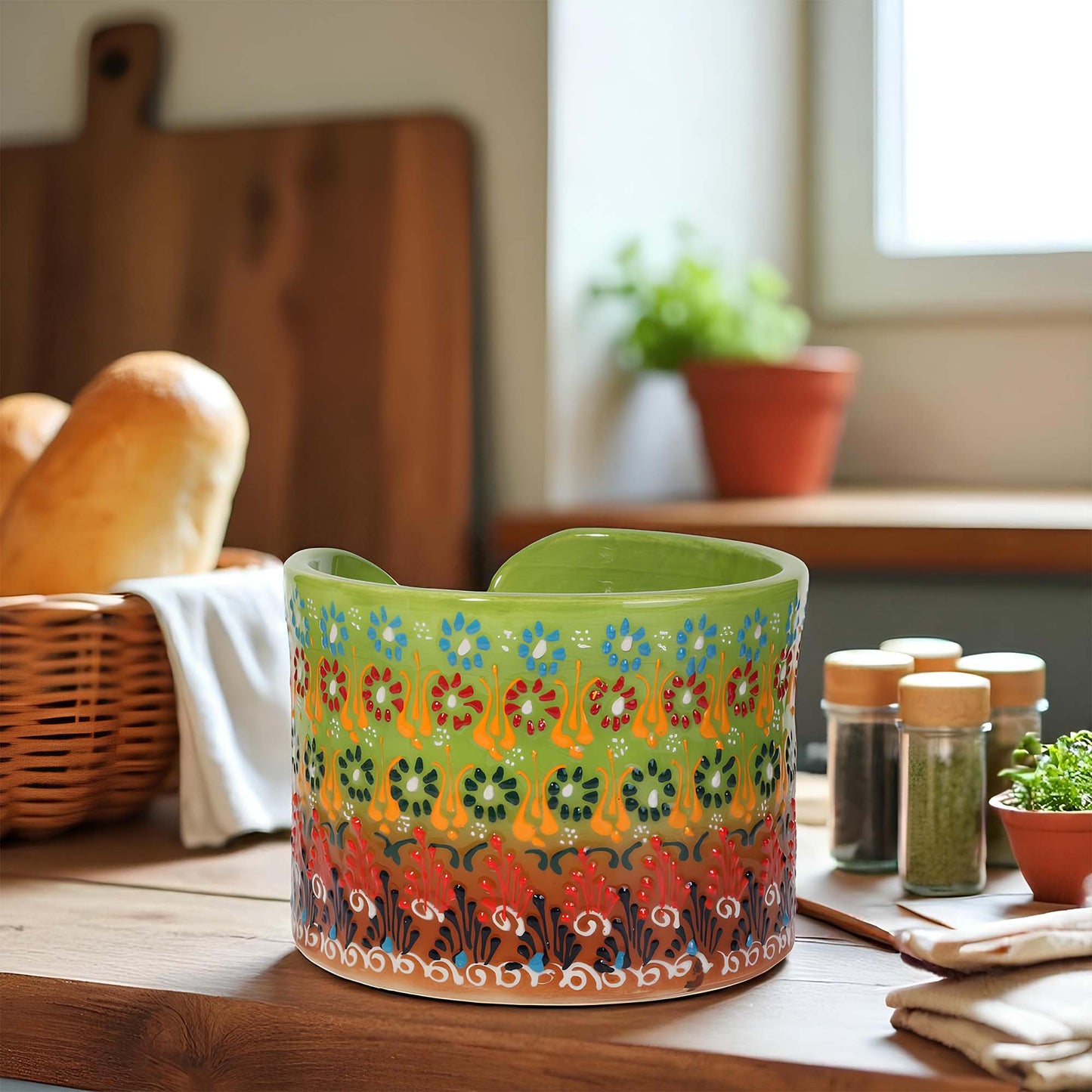 Decorative ceramic paper towel holder with floral pattern on a kitchen counter