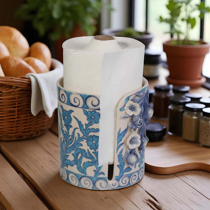 Decorative paper towel holder with blue floral patterns on a kitchen counter.