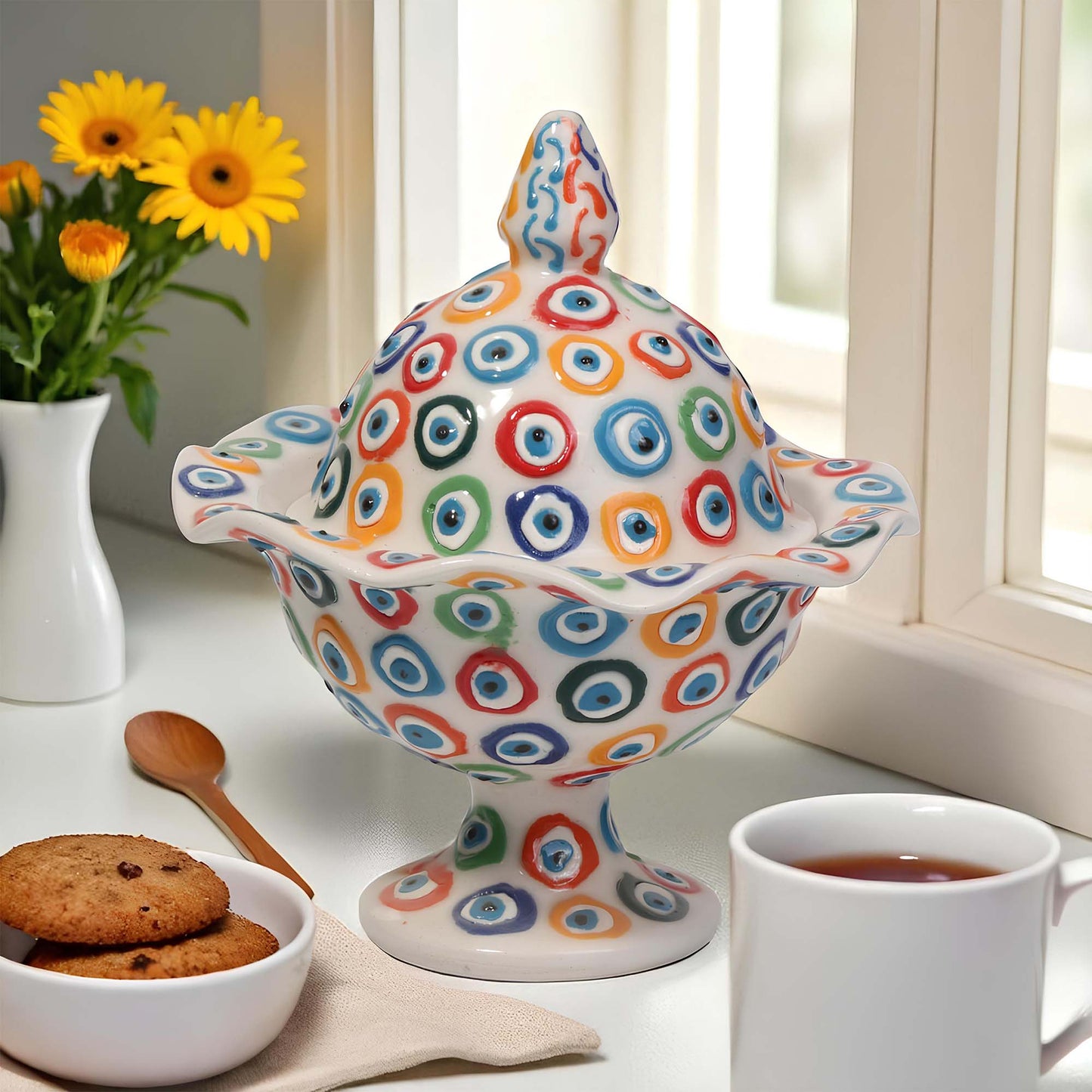 Colorful ceramic sugar bowl with cookies and a cup of tea on a table.