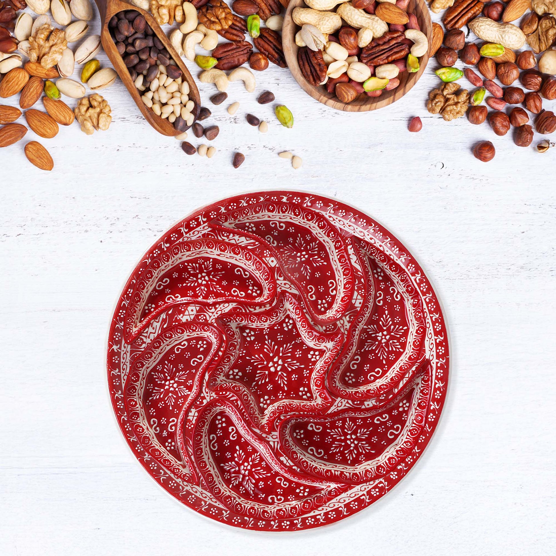 Hand-painted red Turkish ceramic serving tray set, 8-piece platter for snacks, appetizers, dips, and desserts, festive dining table centerpiece