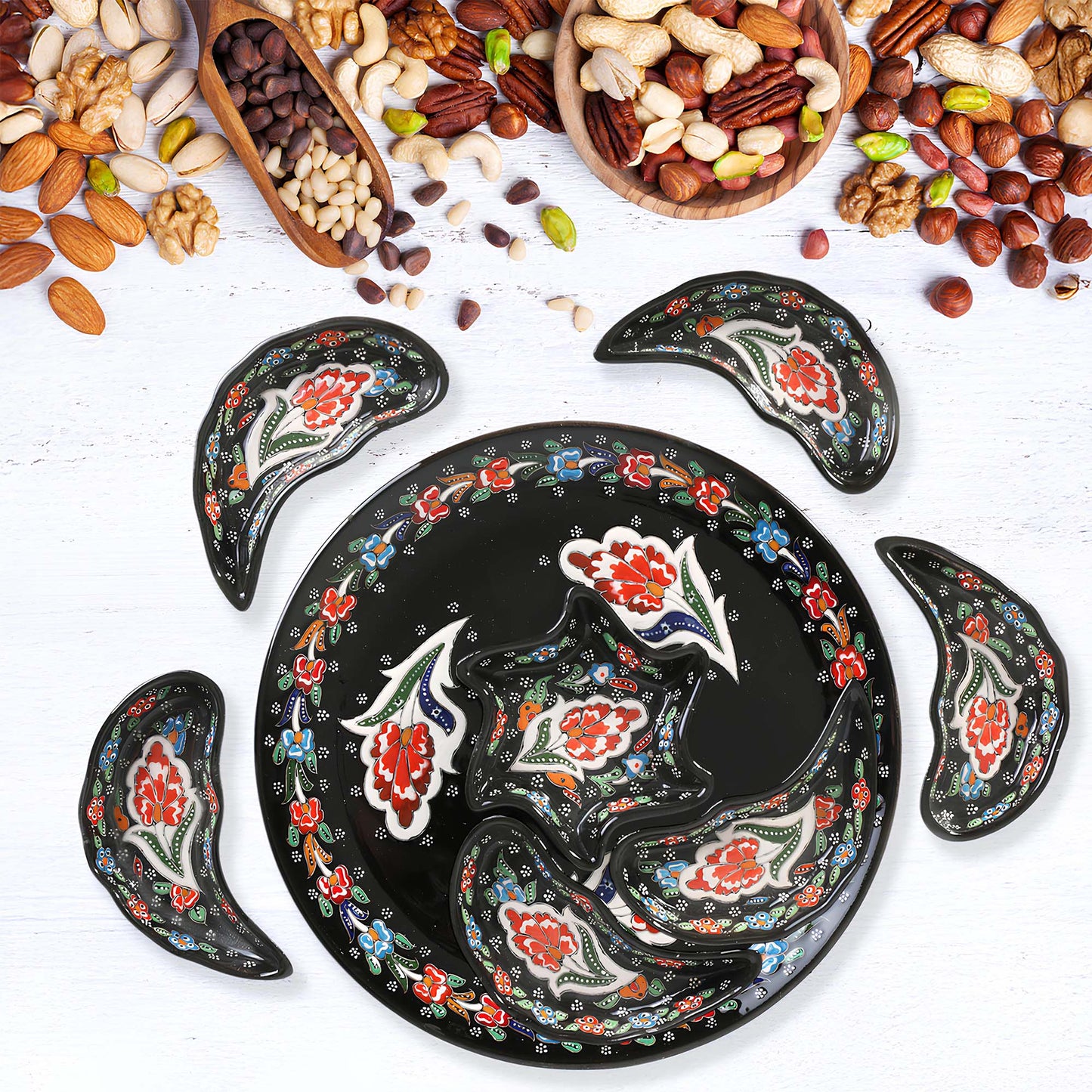Black Turkish floral ceramic snack serving tray set, 8-piece handmade platter with red flower motifs, artisan appetizer and nut dishes