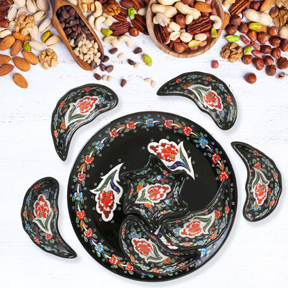 Black Turkish floral ceramic snack serving tray set, 8-piece handmade platter with red flower motifs, artisan appetizer and nut dishes