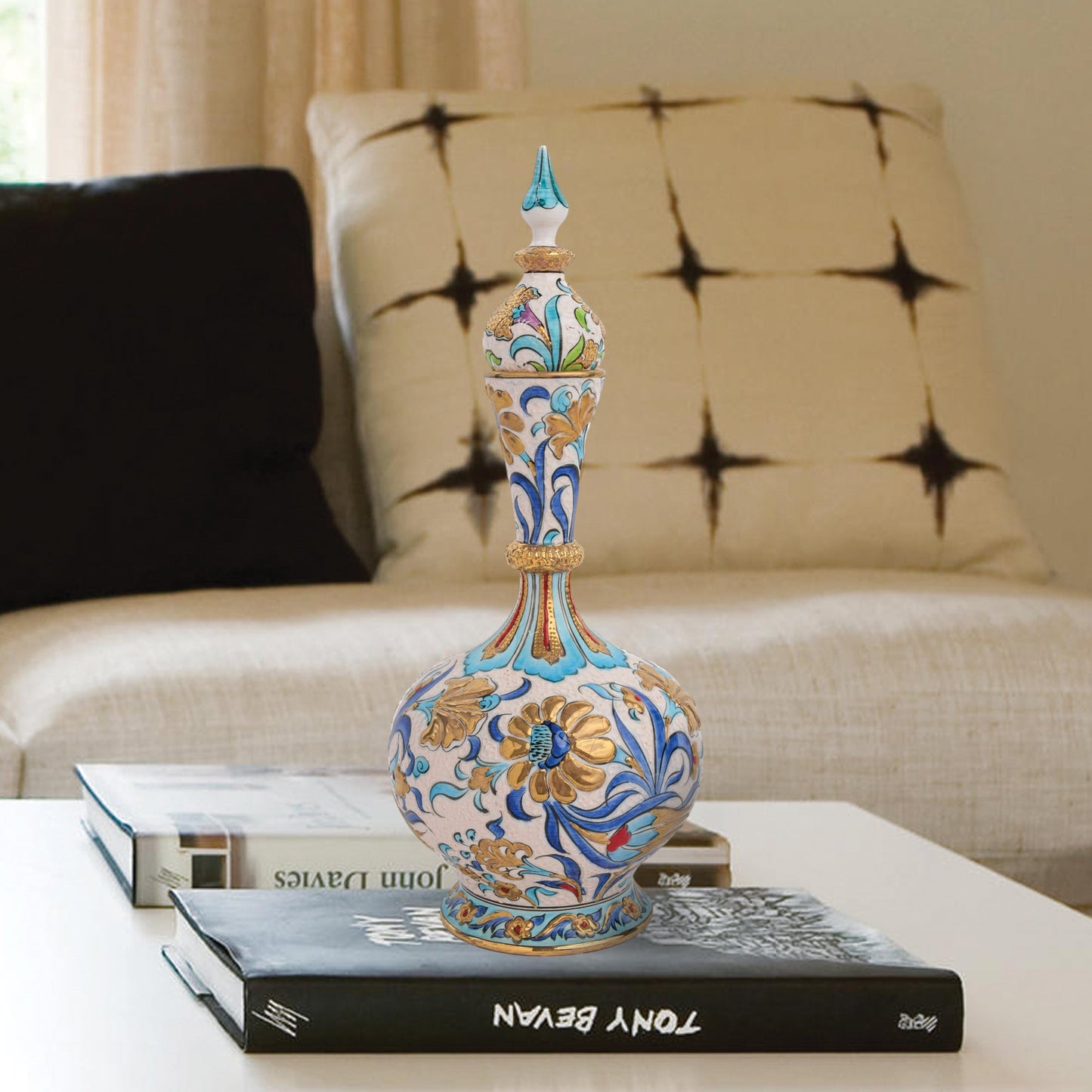 Handmade Ceramic Decorative Vase, Turquoise Blossom Ceramic Vase, Golden Vase