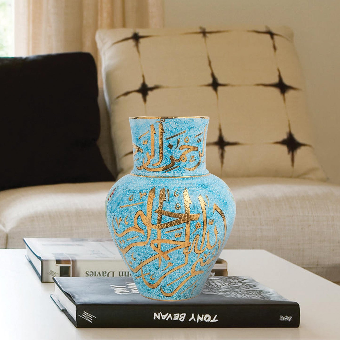 Handmade Ceramic Decorative Vase, Turquoise Calligraphy Ceramic Vase, Golden Vase