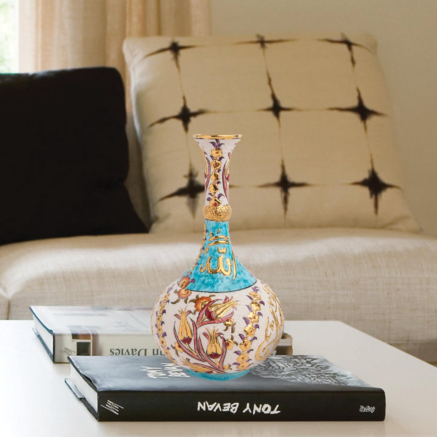 Handmade Ceramic Decorative Vase, Turquoise Calligraphy Ceramic Vase, Golden Vase