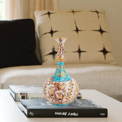 Handmade Ceramic Decorative Vase, Turquoise Calligraphy Ceramic Vase, Golden Vase