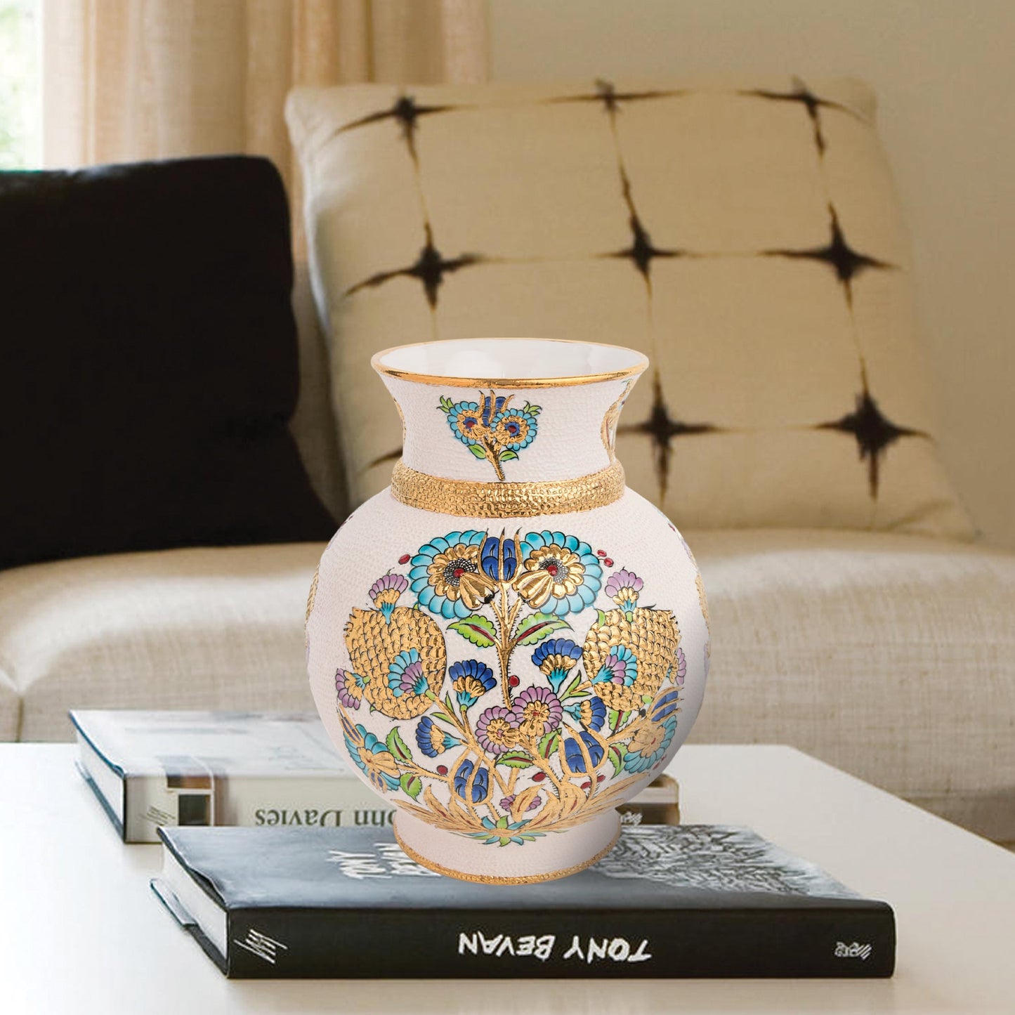 Handmade Ceramic Decorative Vase, Golden Floral Ceramic Vase, Golden Vase