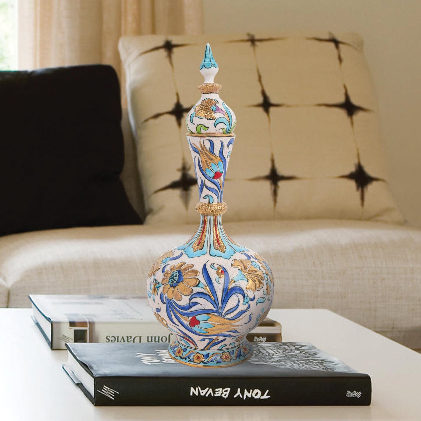 Handmade Ceramic Decorative Vase, Turquoise Floral Ceramic Vase, Golden Vase