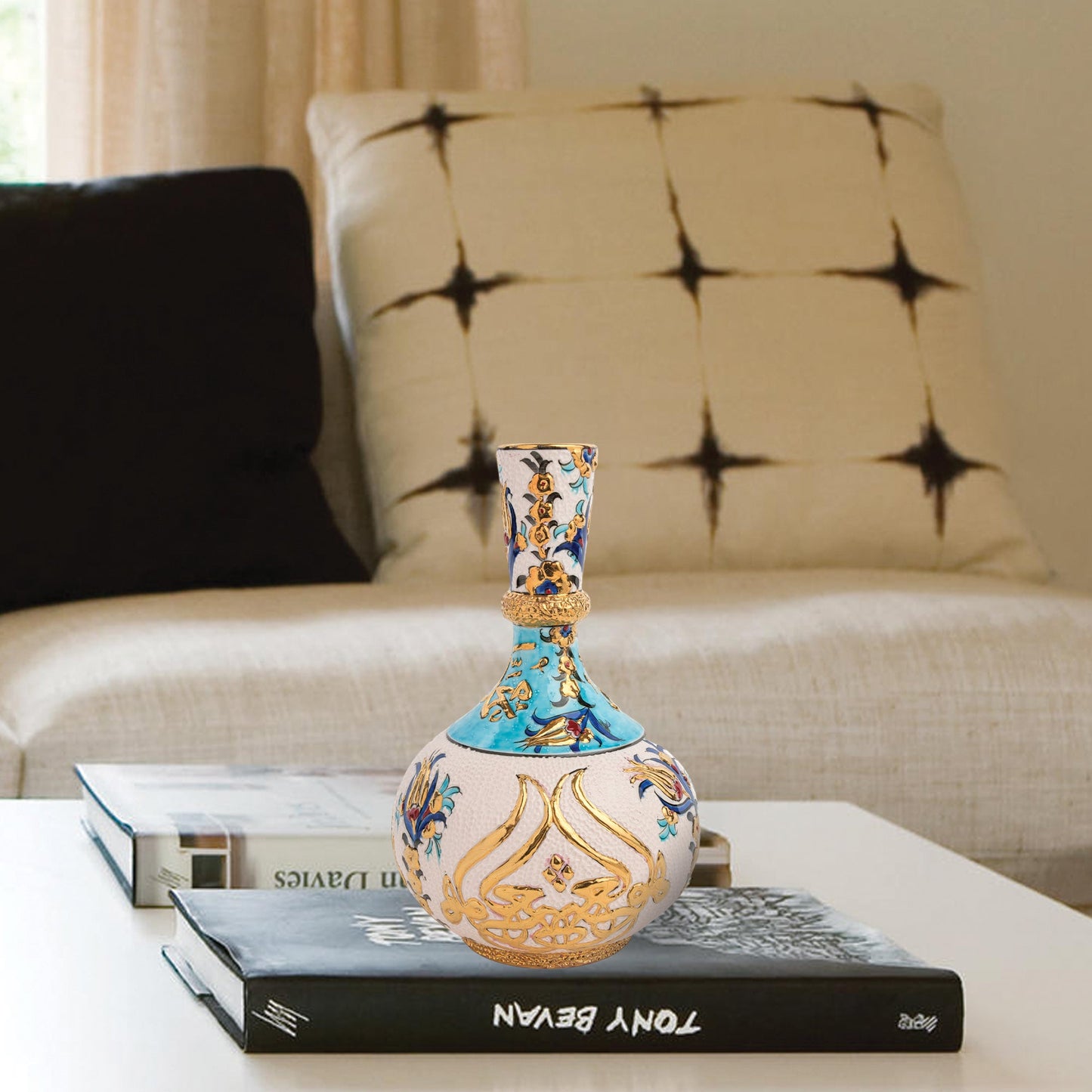 Handmade Ceramic Decorative Vase, Turquoise Calligraphy Ceramic Vase, Golden Vase