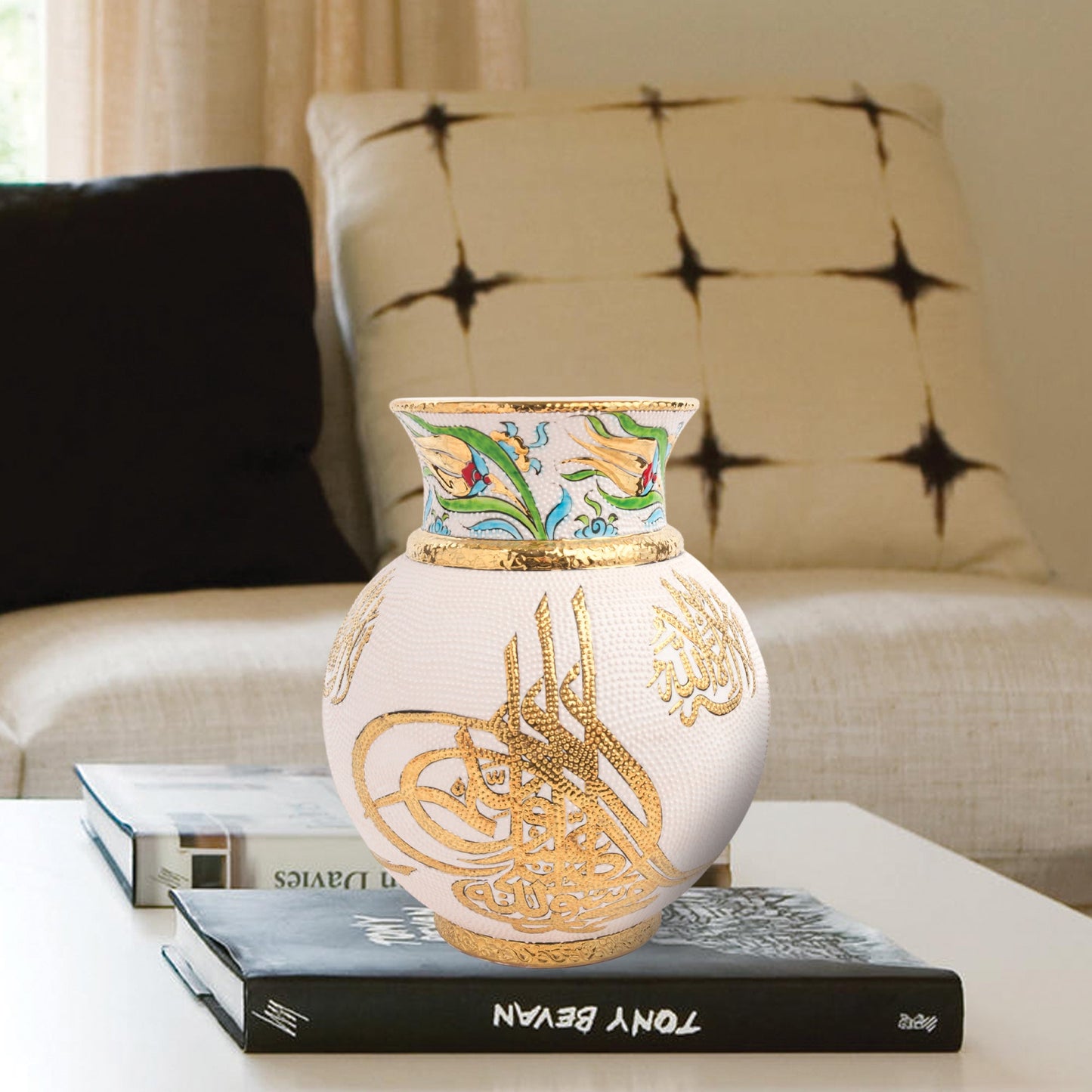 Handmade Ceramic Decorative Vase, Gold Calligraphy Ceramic Vase, Golden Vase