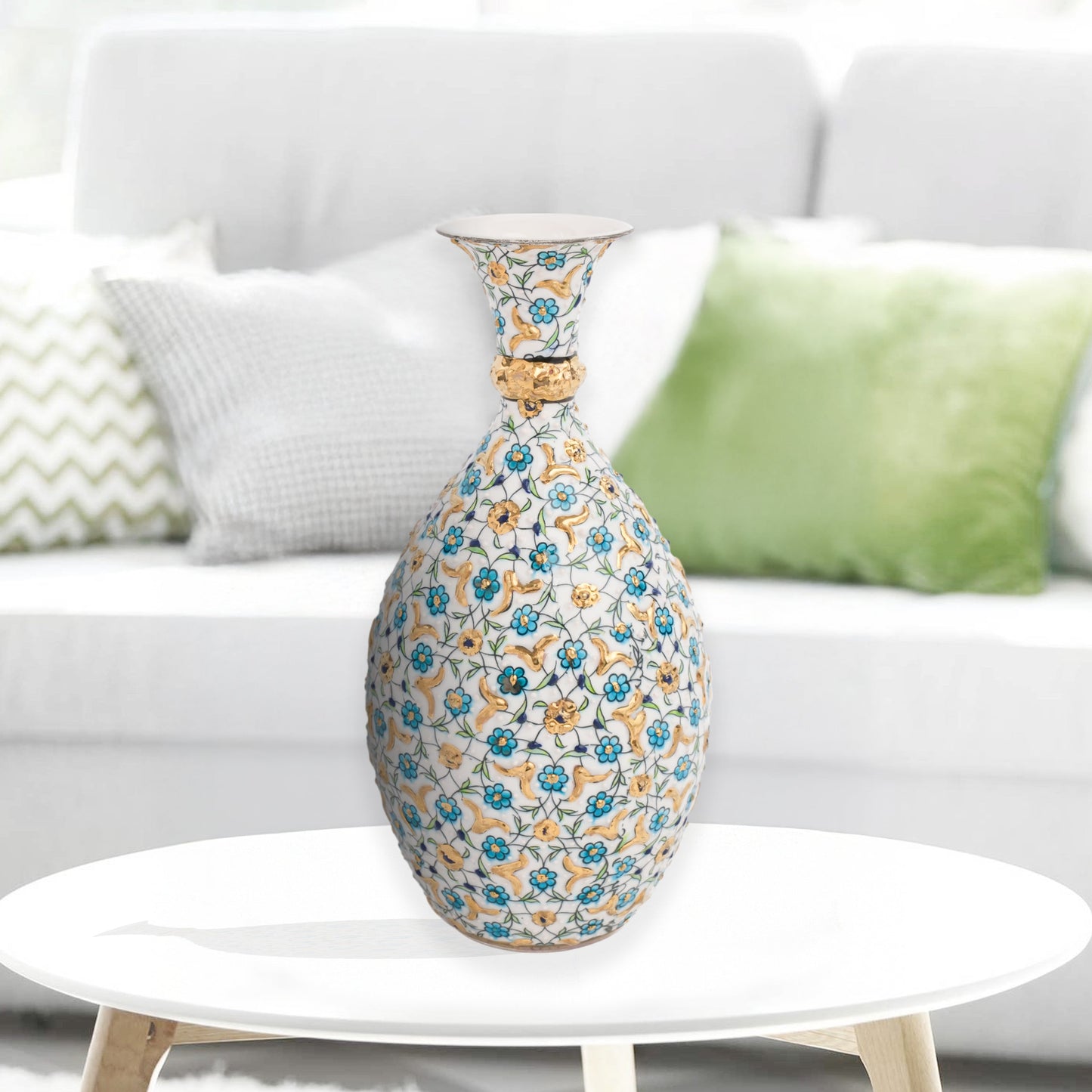 Hand-painted ceramic decorative bottle with turquoise and gold floral motifs on ivory. Glossy artisan vase, elegant décor accent, perfect for gifting.