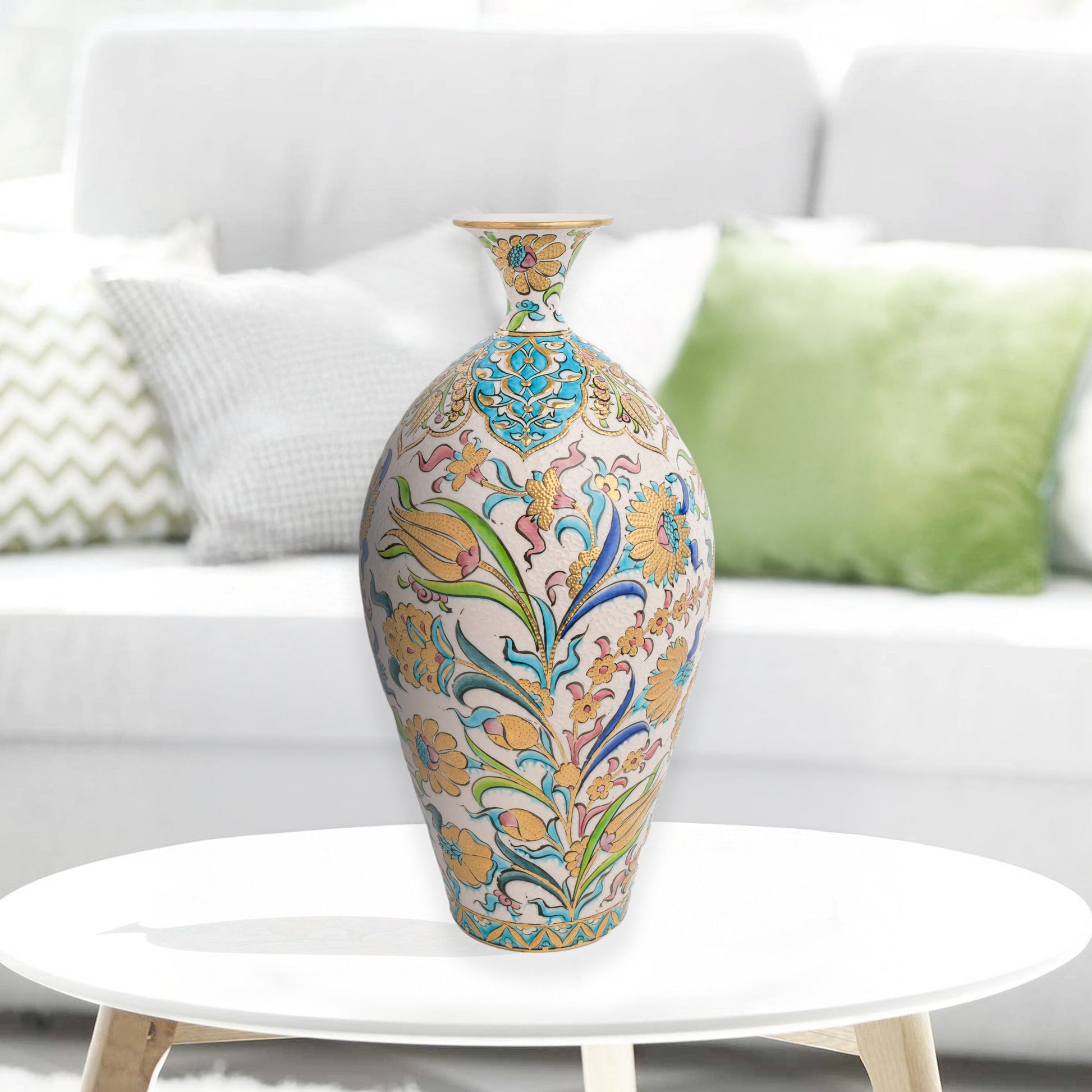 Hand-painted ceramic decorative bottle with pastel blossoms, golden tulips & Ottoman flourishes. Glossy glazed vase, artisan-made, perfect décor or gift.