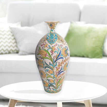Hand-painted ceramic decorative bottle with pastel blossoms, golden tulips & Ottoman flourishes. Glossy glazed vase, artisan-made, perfect décor or gift.