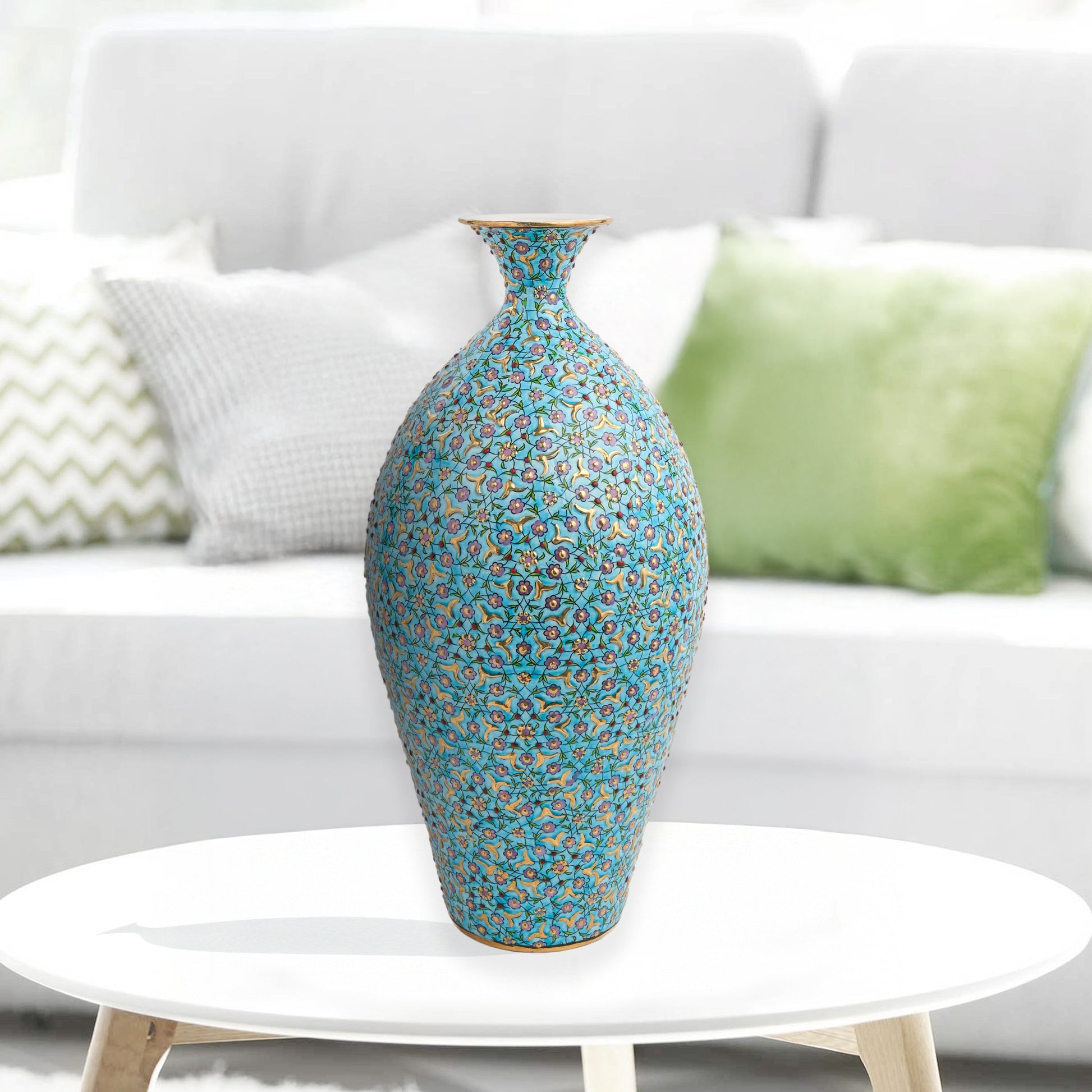 Hand-painted ceramic decorative bottle with floral motifs on turquoise base. Ottoman-inspired artisan vase, glossy glazed, perfect for décor or gifting.