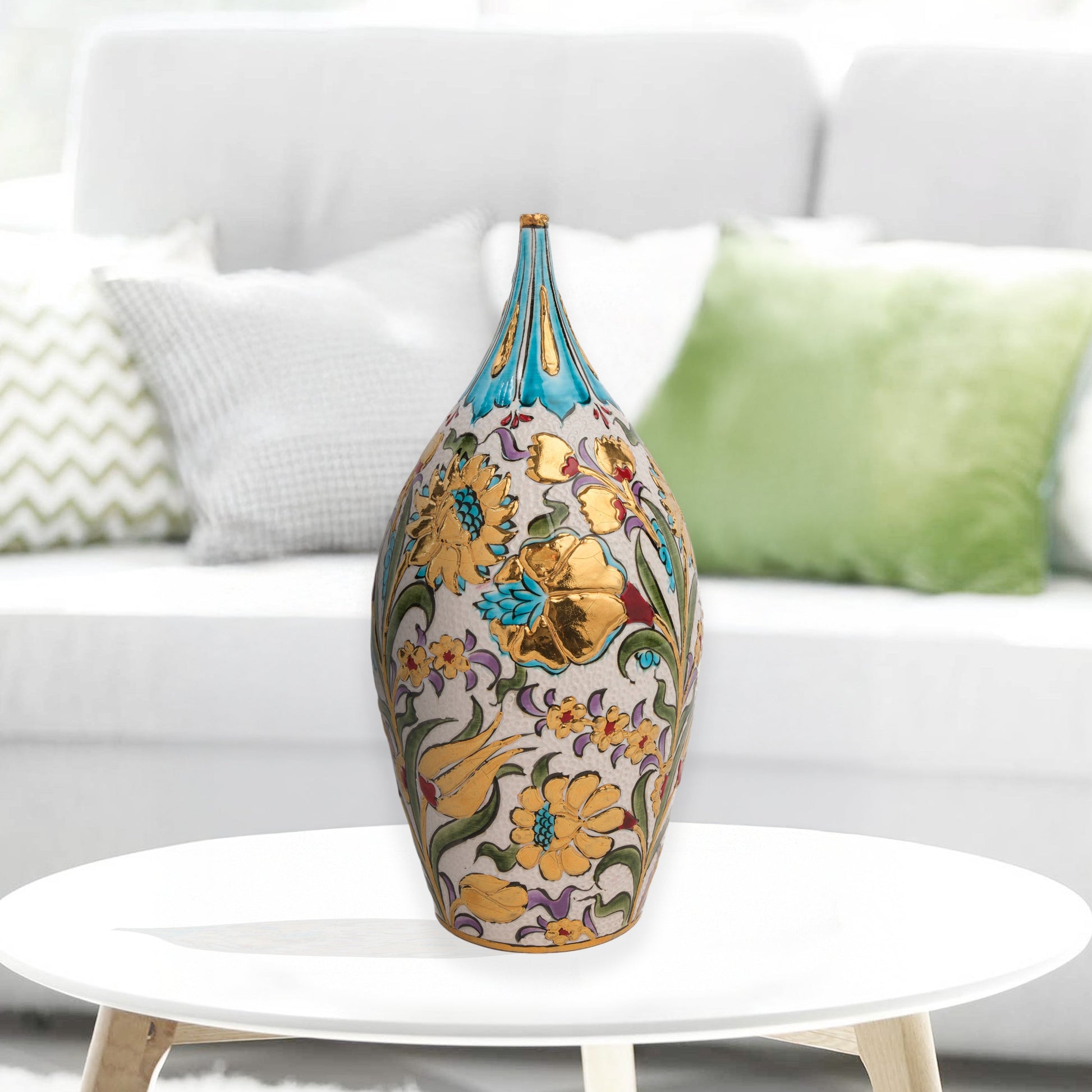 Hand-painted ceramic decorative bottle with Ottoman floral motifs and golden accents. Glossy glazed vase, artisan-made, perfect for elegant décor or gifts.