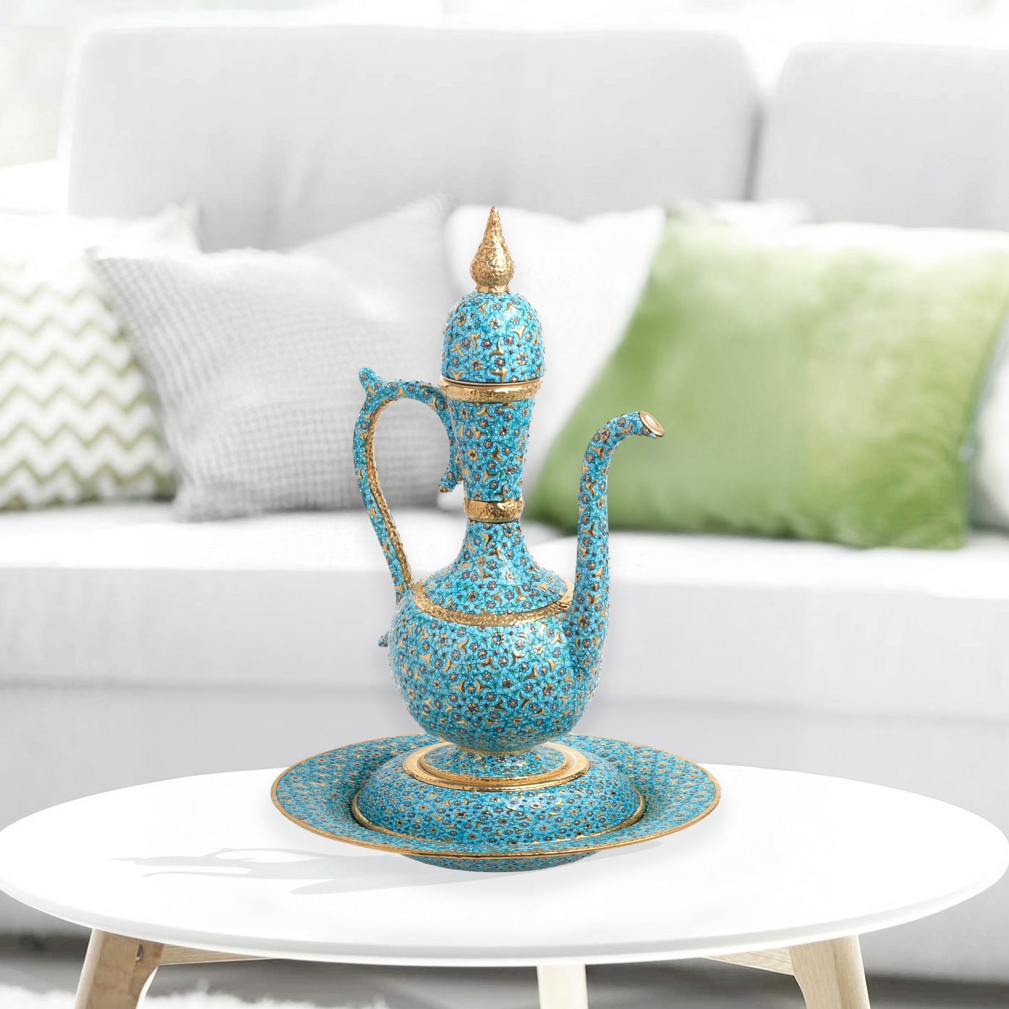 Hand-painted ceramic ewer and basin set with turquoise floral motifs and gold detailing. Tall Ottoman-inspired décor piece, perfect for display or gifting.