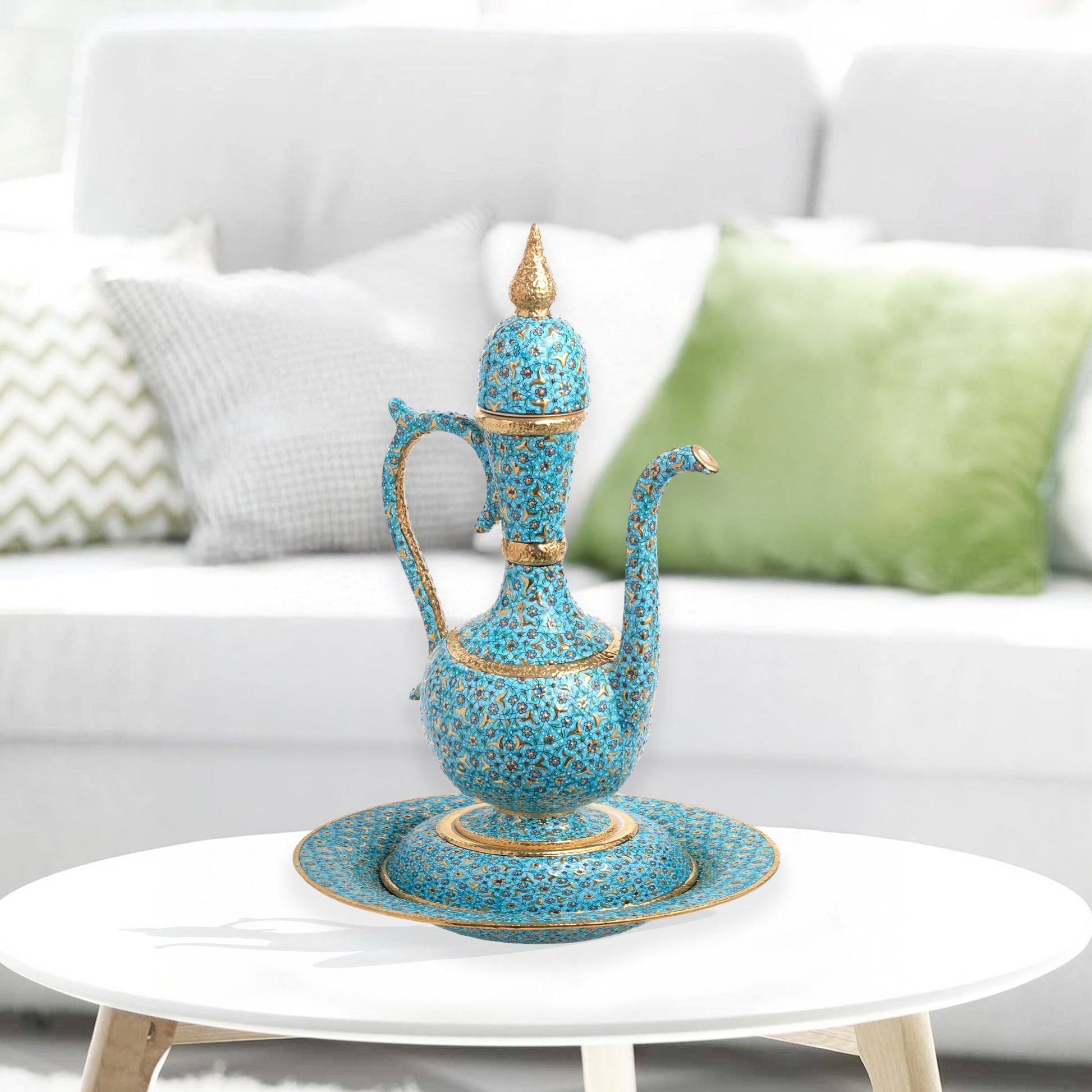Hand-painted ceramic ewer and basin set with turquoise floral motifs and gold detailing. Tall Ottoman-inspired décor piece, perfect for display or gifting.