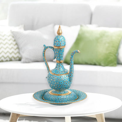 Hand-painted ceramic ewer and basin set with turquoise floral motifs and gold detailing. Tall Ottoman-inspired décor piece, perfect for display or gifting.