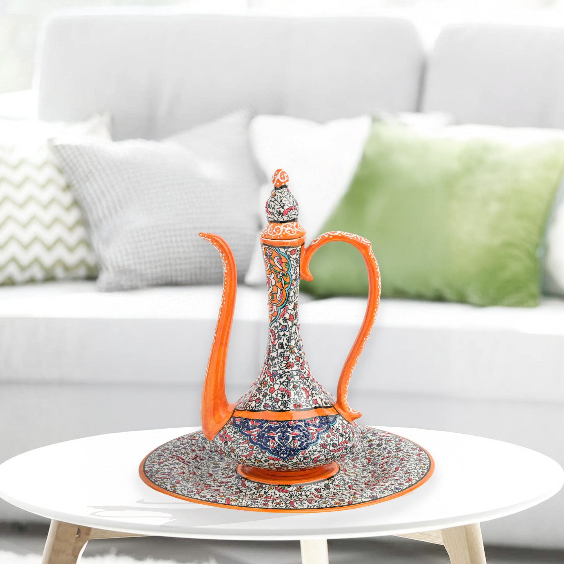 Hand-painted ceramic ewer and basin set with vivid orange accents and Ottoman floral motifs. Decorative artisan piece, 40 cm tall, perfect for cultural décor.